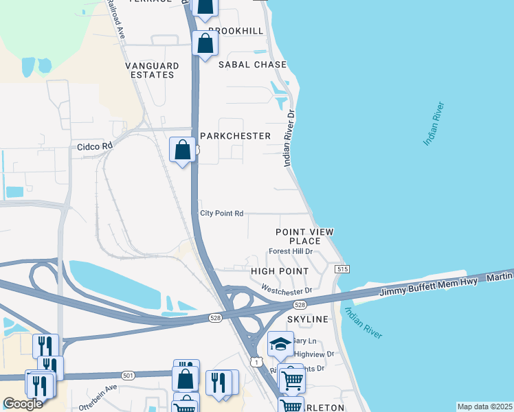 map of restaurants, bars, coffee shops, grocery stores, and more near 204 City Point Road in Cocoa