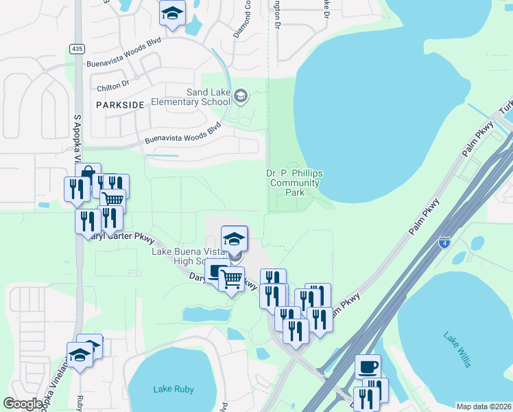 map of restaurants, bars, coffee shops, grocery stores, and more near 8001-8199 Fenton Street in Orlando
