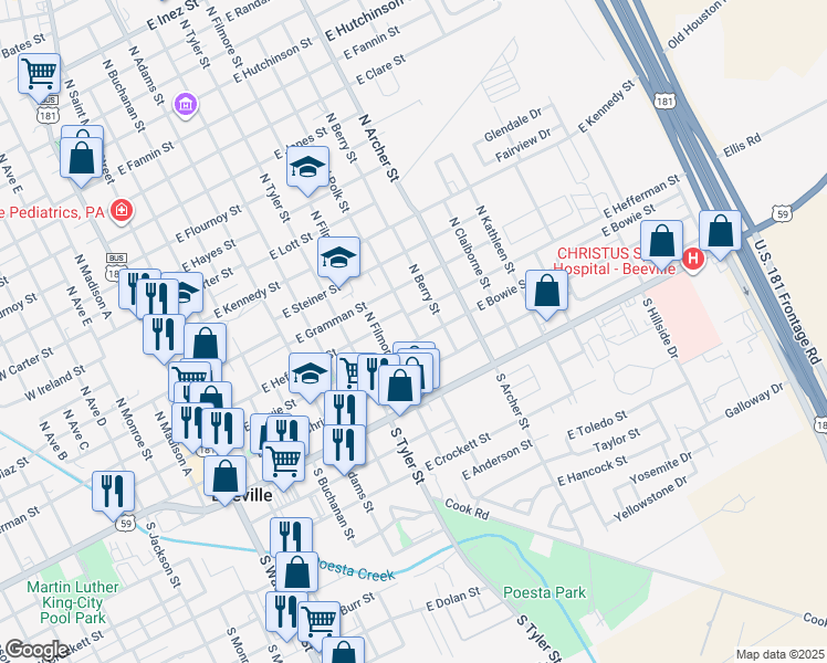 map of restaurants, bars, coffee shops, grocery stores, and more near in Beeville