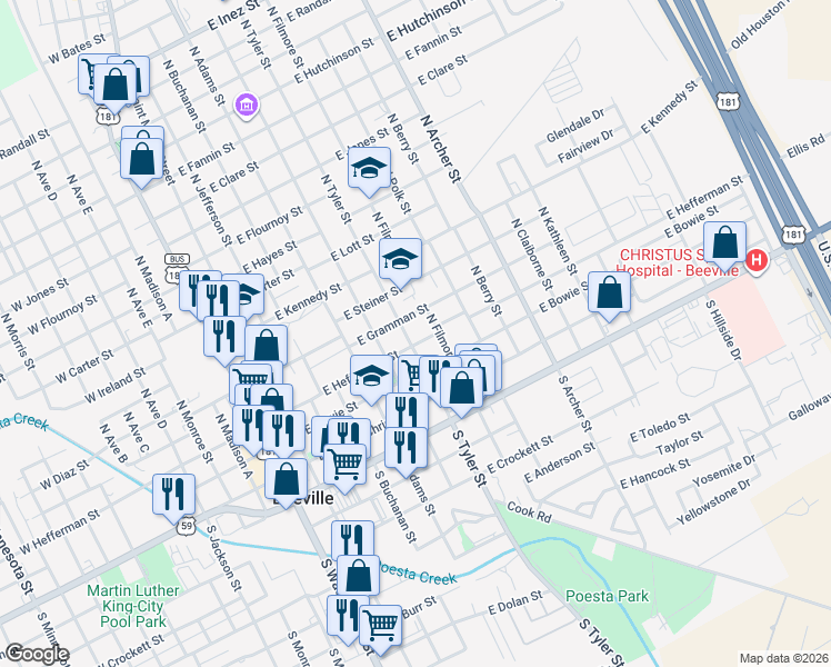 map of restaurants, bars, coffee shops, grocery stores, and more near 306 North Tyler Street in Beeville