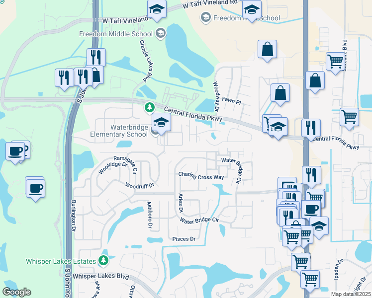 map of restaurants, bars, coffee shops, grocery stores, and more near 10861 Windsor Walk Drive in Orlando