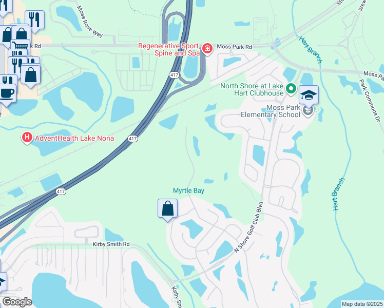 map of restaurants, bars, coffee shops, grocery stores, and more near 9429 Myrtle Creek Lane in Orlando
