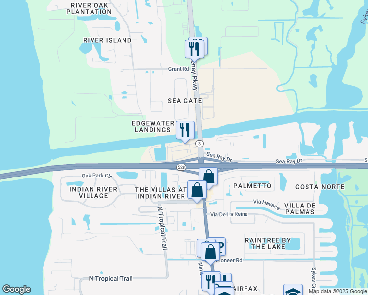 map of restaurants, bars, coffee shops, grocery stores, and more near 306 Lagoon Way in Merritt Island
