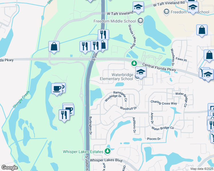map of restaurants, bars, coffee shops, grocery stores, and more near 2904 Lazlo Lane in Orlando