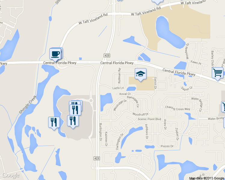 map of restaurants, bars, coffee shops, grocery stores, and more near 3002 Lazlo Lane in Orlando