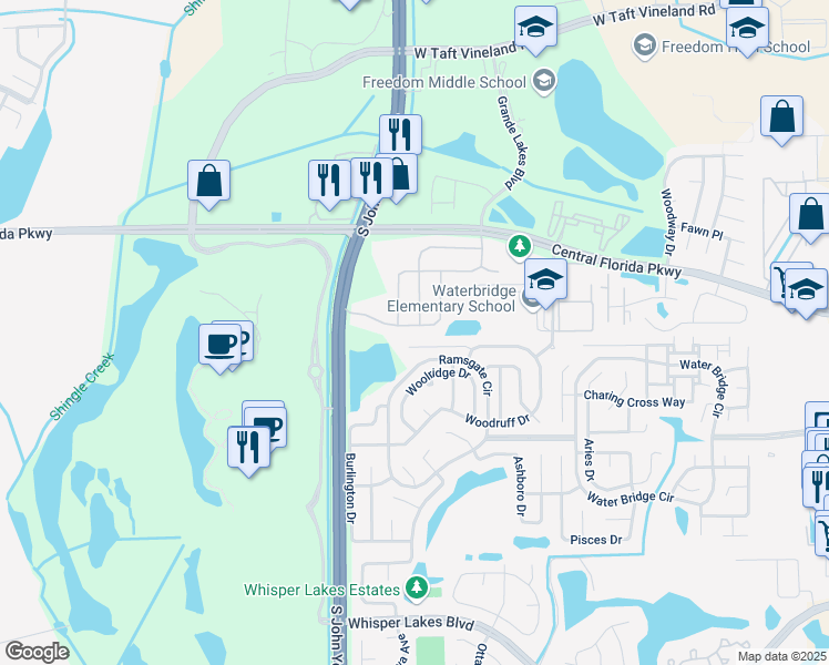 map of restaurants, bars, coffee shops, grocery stores, and more near 2904 Lazlo Lane in Orlando
