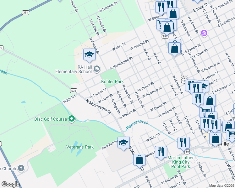 map of restaurants, bars, coffee shops, grocery stores, and more near 1001 W Clare St in Beeville