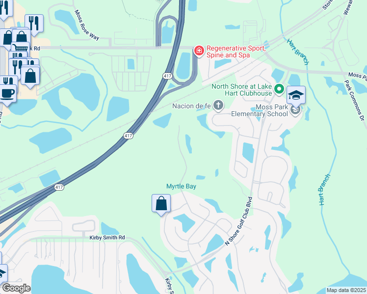 map of restaurants, bars, coffee shops, grocery stores, and more near 9429 Myrtle Creek Lane in Orlando