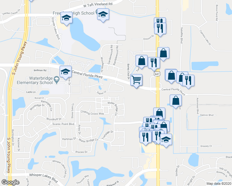 map of restaurants, bars, coffee shops, grocery stores, and more near 2378 Blue Sapphire Circle in Orlando