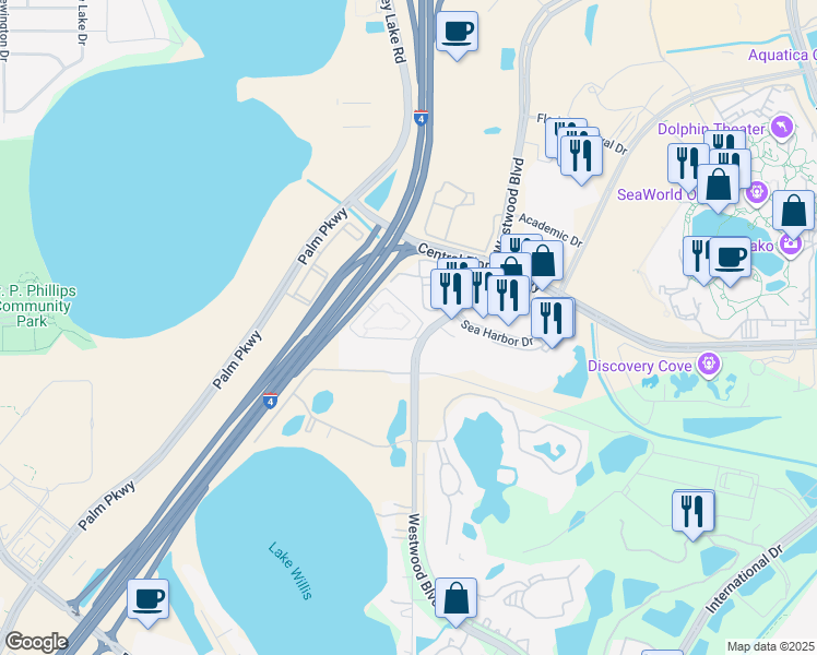 map of restaurants, bars, coffee shops, grocery stores, and more near 6901 Westwood Boulevard in Bay Lake