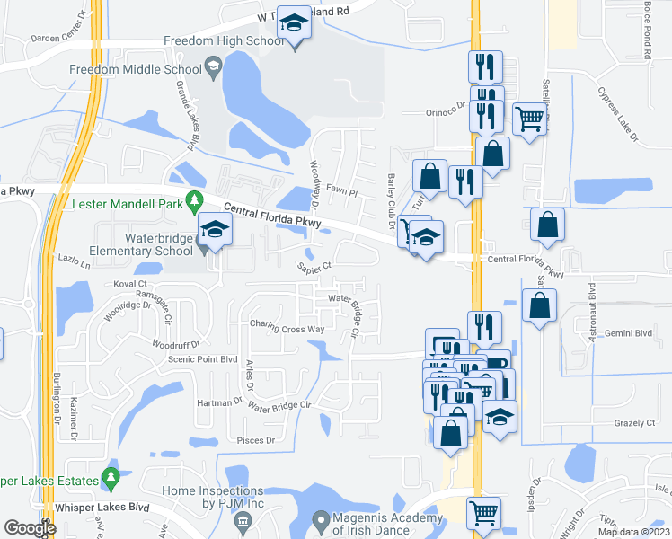 map of restaurants, bars, coffee shops, grocery stores, and more near 2386 Blue Sapphire Circle in Orlando
