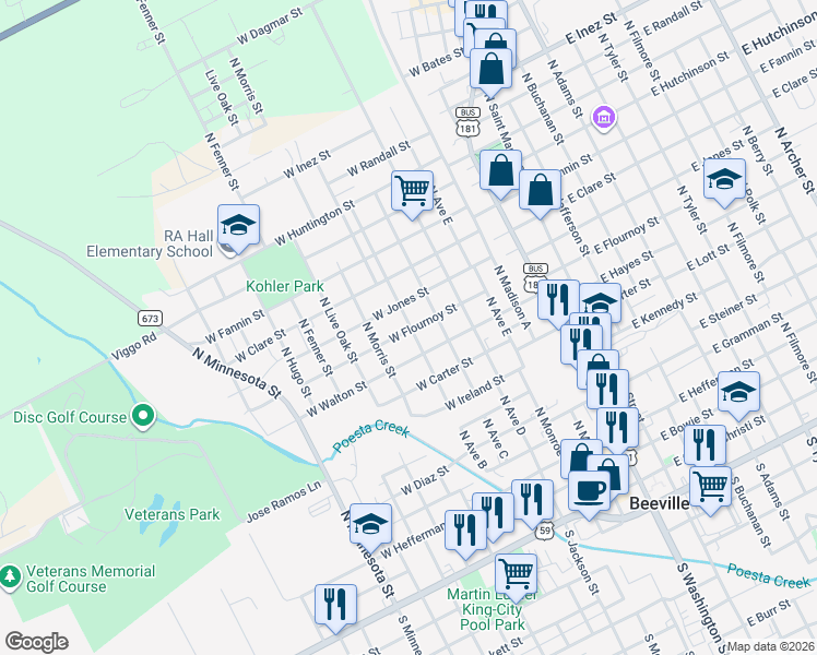 map of restaurants, bars, coffee shops, grocery stores, and more near 907 North Avenue B in Beeville