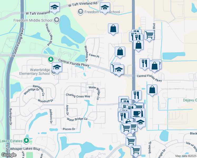 map of restaurants, bars, coffee shops, grocery stores, and more near 2358 Blue Sapphire Circle in Orlando