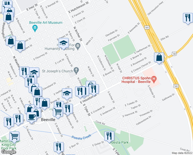map of restaurants, bars, coffee shops, grocery stores, and more near 907 East Bowie Street in Beeville
