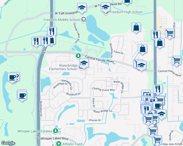 map of restaurants, bars, coffee shops, grocery stores, and more near 10861 Windsor Walk Drive in Orlando