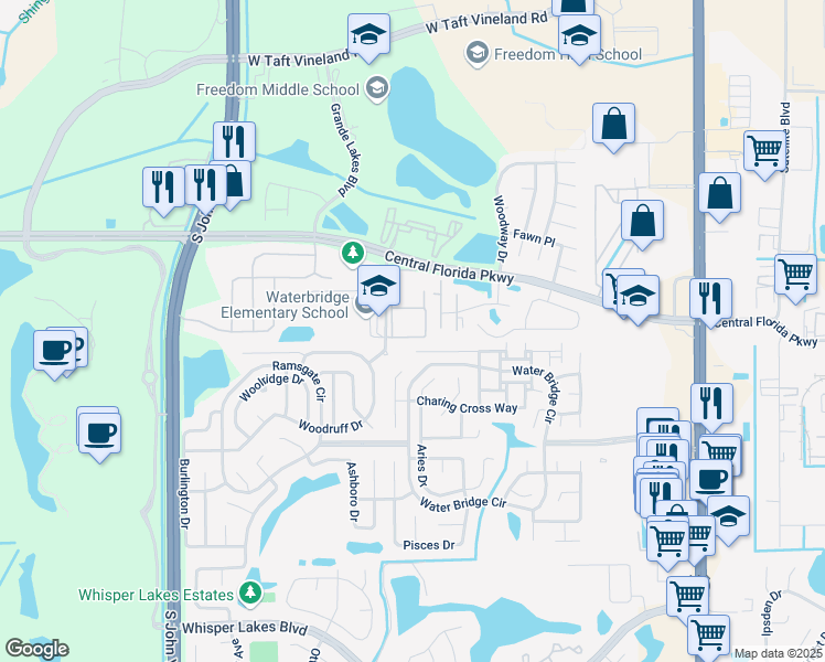 map of restaurants, bars, coffee shops, grocery stores, and more near 10861 Windsor Walk Drive in Orlando