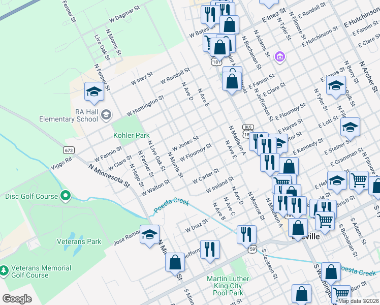 map of restaurants, bars, coffee shops, grocery stores, and more near 907 North Avenue B in Beeville