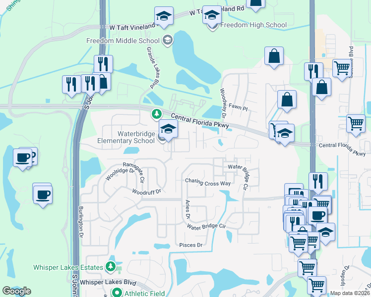 map of restaurants, bars, coffee shops, grocery stores, and more near 10861 Windsor Walk Drive in Orlando