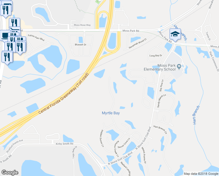 map of restaurants, bars, coffee shops, grocery stores, and more near 9447 Myrtle Creek Lane in Orlando