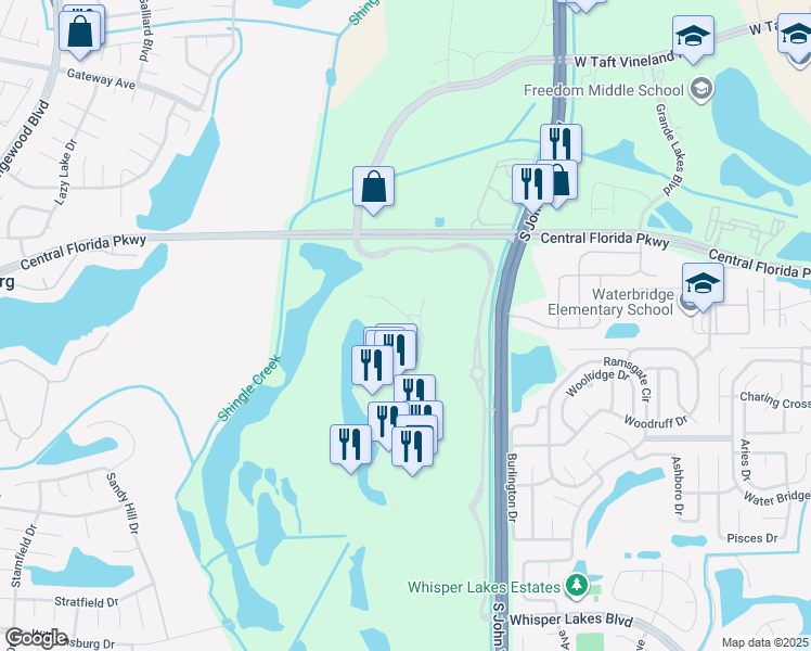 map of restaurants, bars, coffee shops, grocery stores, and more near 4120 Grande Brick Loop in Orlando