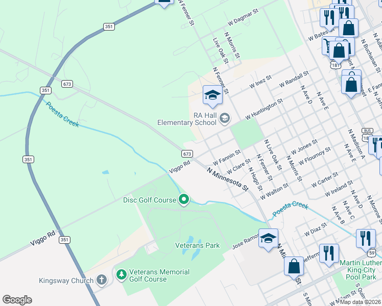 map of restaurants, bars, coffee shops, grocery stores, and more near 1501 East Fm 351 in Beeville