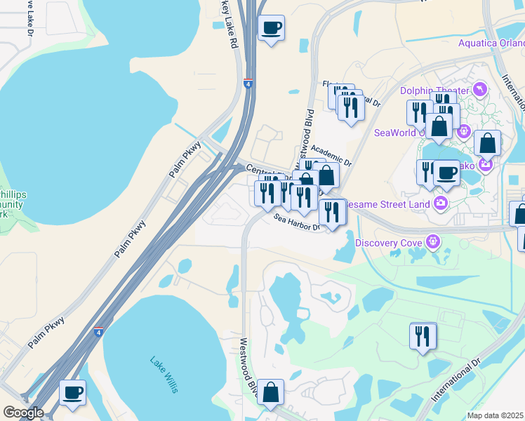 map of restaurants, bars, coffee shops, grocery stores, and more near 6803 Westwood Boulevard in Orlando