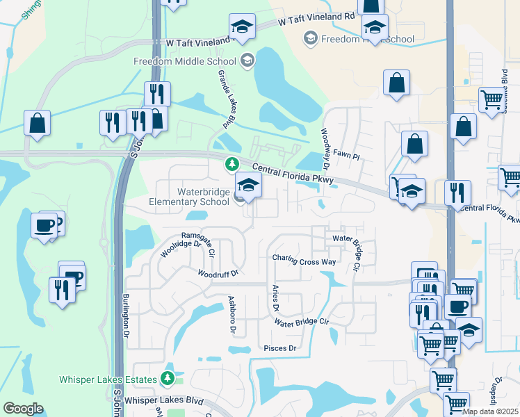 map of restaurants, bars, coffee shops, grocery stores, and more near 11100 Galvin Drive in Orlando