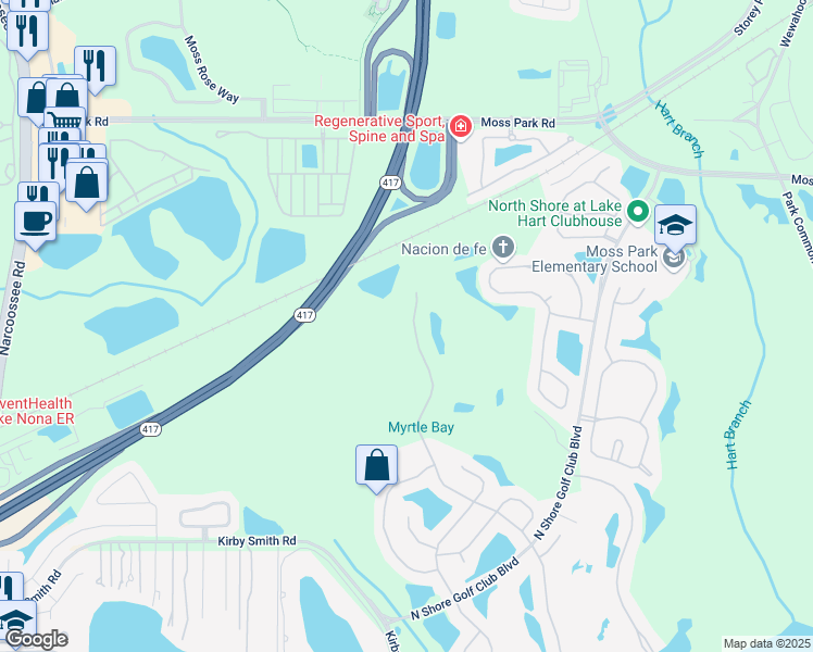 map of restaurants, bars, coffee shops, grocery stores, and more near 9422 Myrtle Creek Lane in Orlando