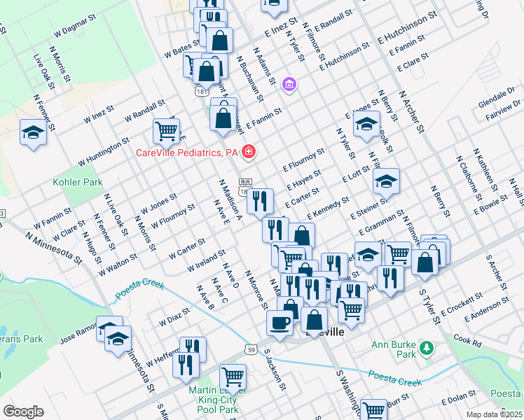 map of restaurants, bars, coffee shops, grocery stores, and more near 612 North Washington Street in Beeville