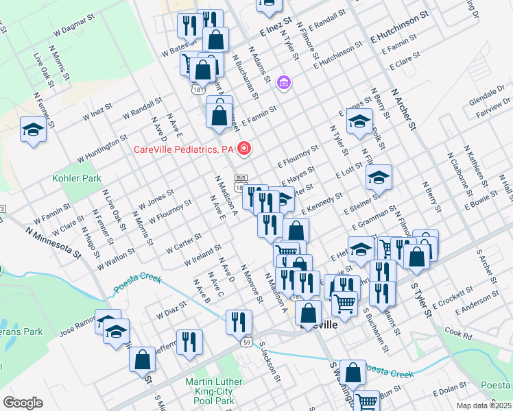 map of restaurants, bars, coffee shops, grocery stores, and more near 612 North Washington Street in Beeville