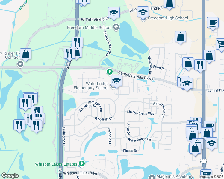 map of restaurants, bars, coffee shops, grocery stores, and more near 11100 Galvin Drive in Orlando