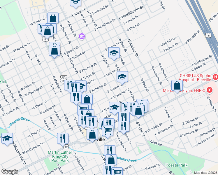 map of restaurants, bars, coffee shops, grocery stores, and more near 401-499 North Harrison Street in Beeville