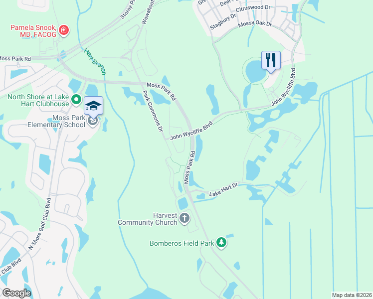 map of restaurants, bars, coffee shops, grocery stores, and more near 11342 Whistling Pine Way in Orlando