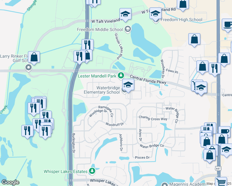 map of restaurants, bars, coffee shops, grocery stores, and more near 11100 Galvin Drive in Orlando