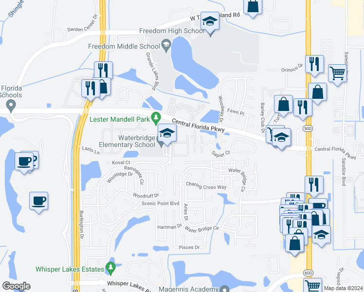 map of restaurants, bars, coffee shops, grocery stores, and more near 10861 Windsor Walk Drive in Orlando