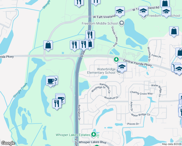 map of restaurants, bars, coffee shops, grocery stores, and more near 3002 Lazlo Lane in Orlando
