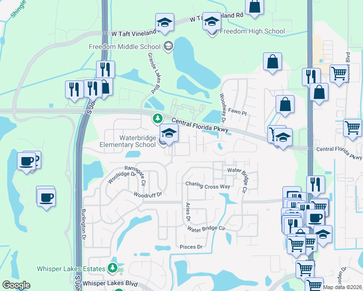 map of restaurants, bars, coffee shops, grocery stores, and more near 10861 Windsor Walk Drive in Orlando
