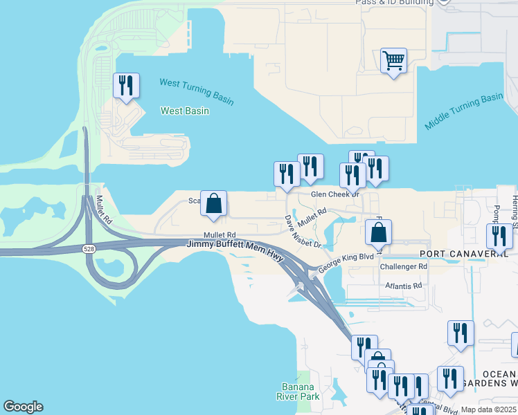map of restaurants, bars, coffee shops, grocery stores, and more near in PT CANAVERAL