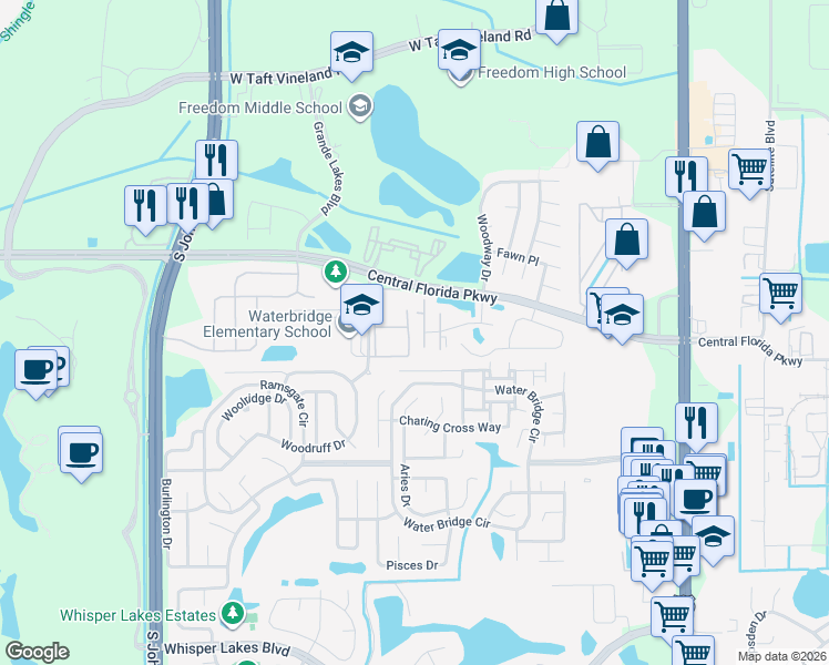 map of restaurants, bars, coffee shops, grocery stores, and more near 10861 Windsor Walk Drive in Orlando