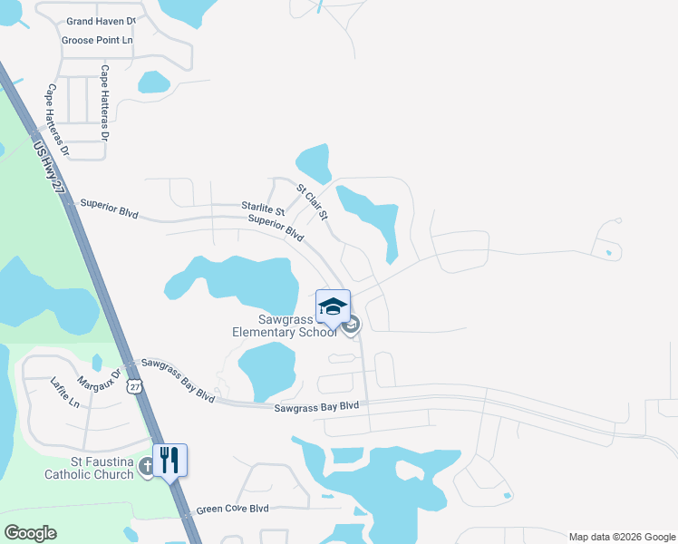 map of restaurants, bars, coffee shops, grocery stores, and more near 16097 Morning Dew Way in Clermont