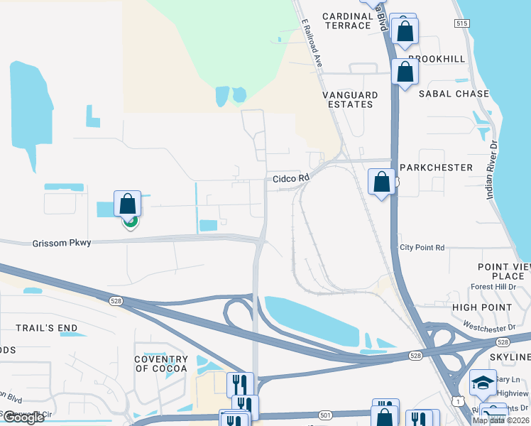map of restaurants, bars, coffee shops, grocery stores, and more near 3135-3153 East Industry Road in Cocoa