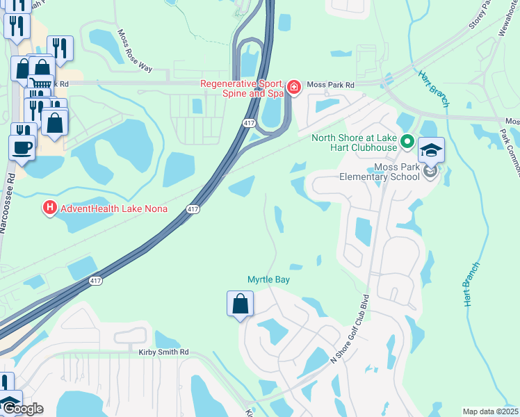 map of restaurants, bars, coffee shops, grocery stores, and more near 9416 Myrtle Creek Lane in Orlando