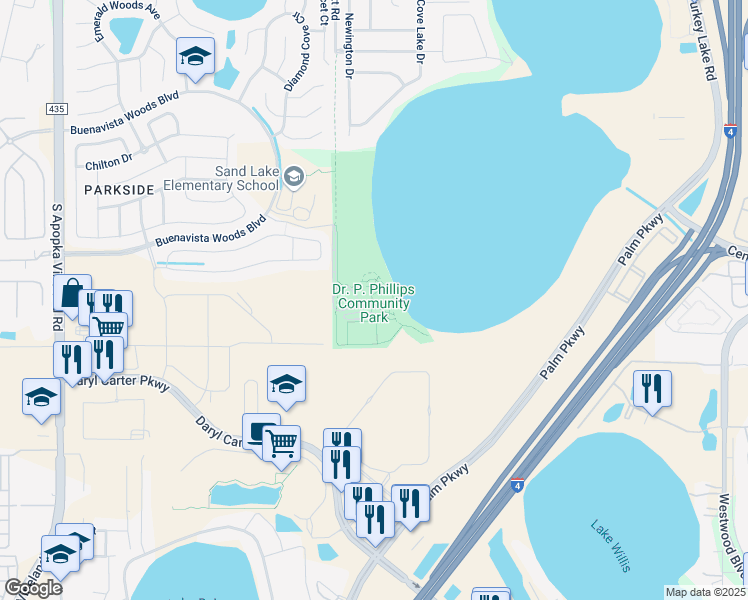 map of restaurants, bars, coffee shops, grocery stores, and more near 8249 Buenavista Woods Boulevard in Orlando