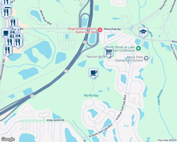 map of restaurants, bars, coffee shops, grocery stores, and more near 9416 Myrtle Creek Lane in Orlando