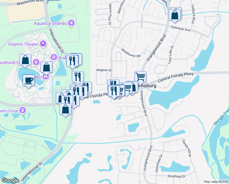 map of restaurants, bars, coffee shops, grocery stores, and more near Central Florida Parkway in Orlando
