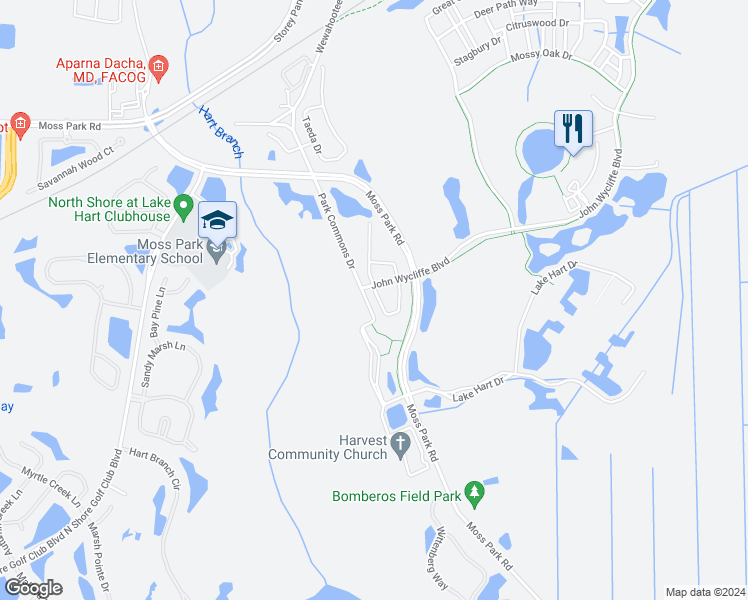 map of restaurants, bars, coffee shops, grocery stores, and more near 11234 Whistling Pine Way in Orlando