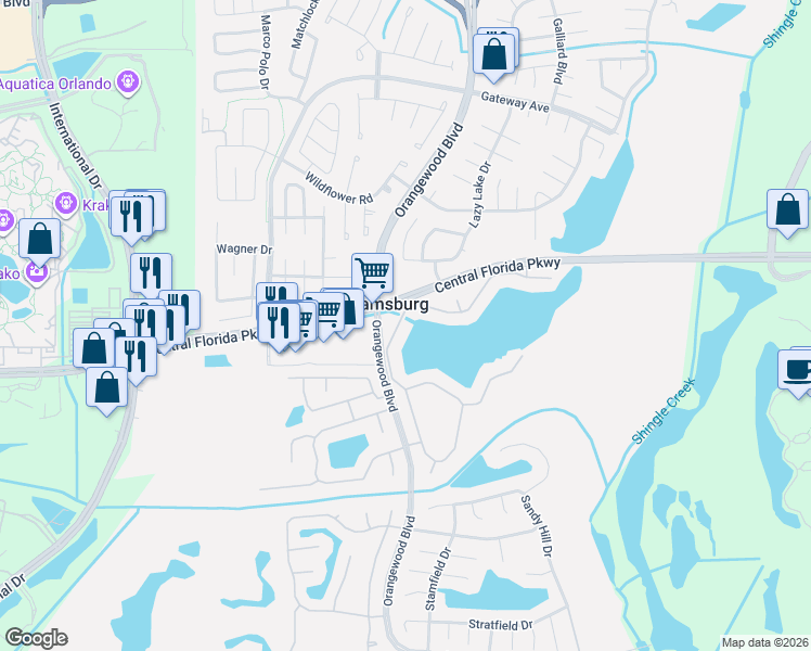 map of restaurants, bars, coffee shops, grocery stores, and more near 5200 Watervista Drive in Orlando