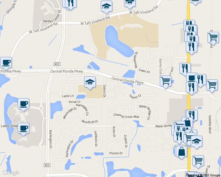 map of restaurants, bars, coffee shops, grocery stores, and more near 10873 Windsor Walk Drive in Orlando