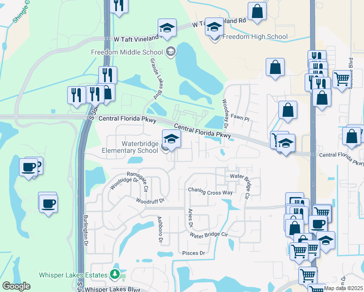map of restaurants, bars, coffee shops, grocery stores, and more near 10873 Windsor Walk Drive in Orlando