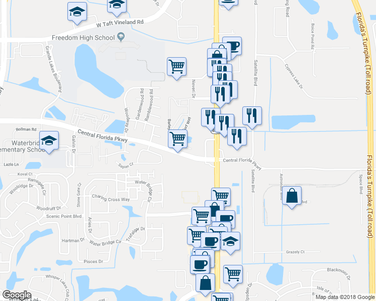 map of restaurants, bars, coffee shops, grocery stores, and more near 2401 Barley Club Court in Orlando